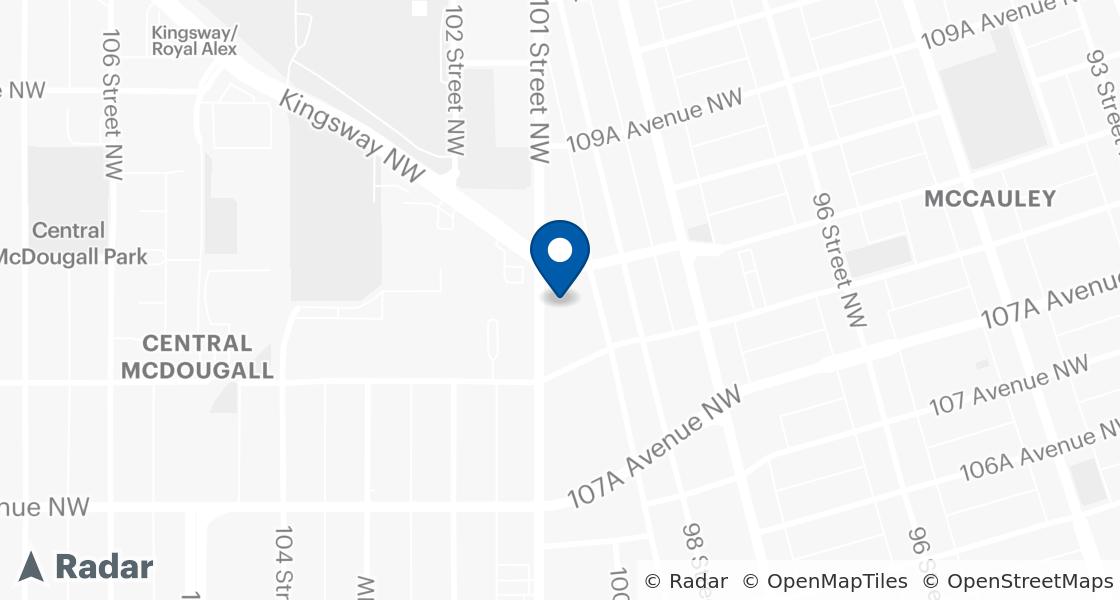 Map of Dairy Queen Location:: 10859-101st St, Edmonton, AB, T5H 2S6
